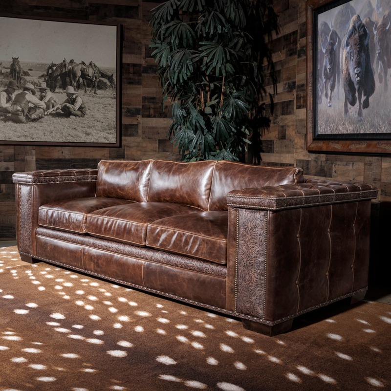 Western Leather Sofa with Diamond Tufting and Nailhead Trim