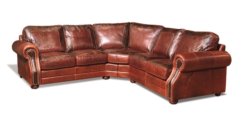 Western Rustic Sectional Sofa, Tooled Leather-Like with Nailhead Trim