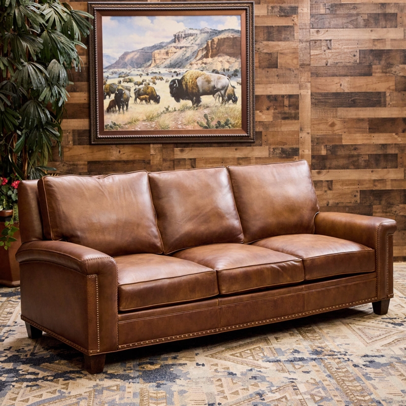 Western Sofa, Turquoise Stone Accents, Cowhide Trim, Rustic Lodge Style