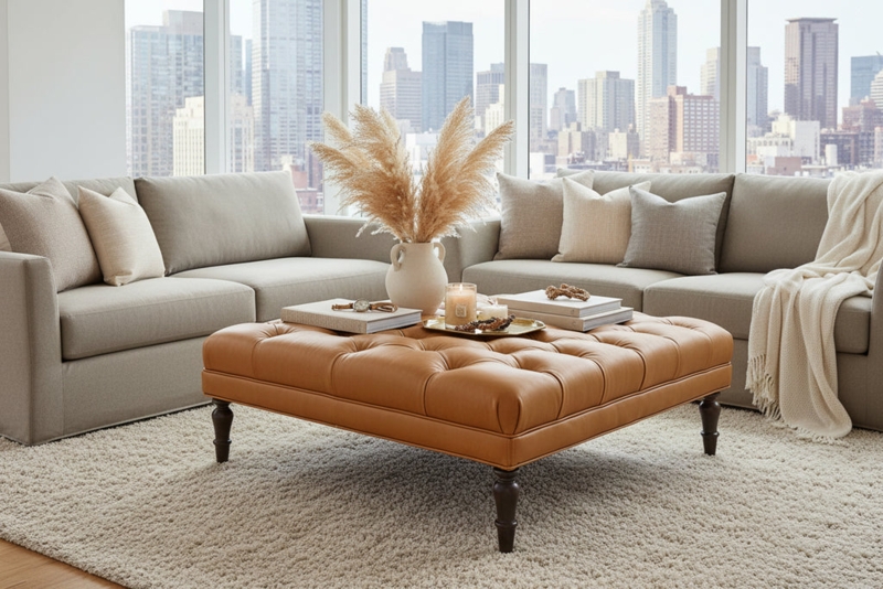 Whisky Brown Square Leather Ottoman, Deep Button Tufting