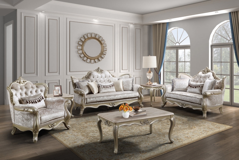 White 3-Piece Living Room Set Chesterfield Style Rolled Arms