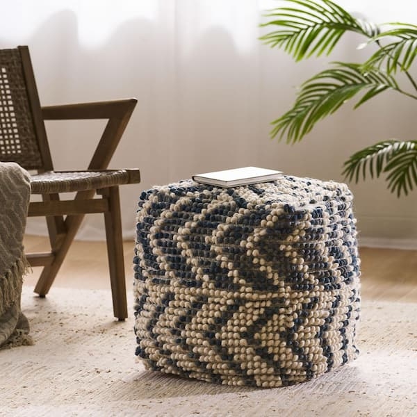 White and Blue Geometric Diamond Pattern Woven Pouf Coastal Style