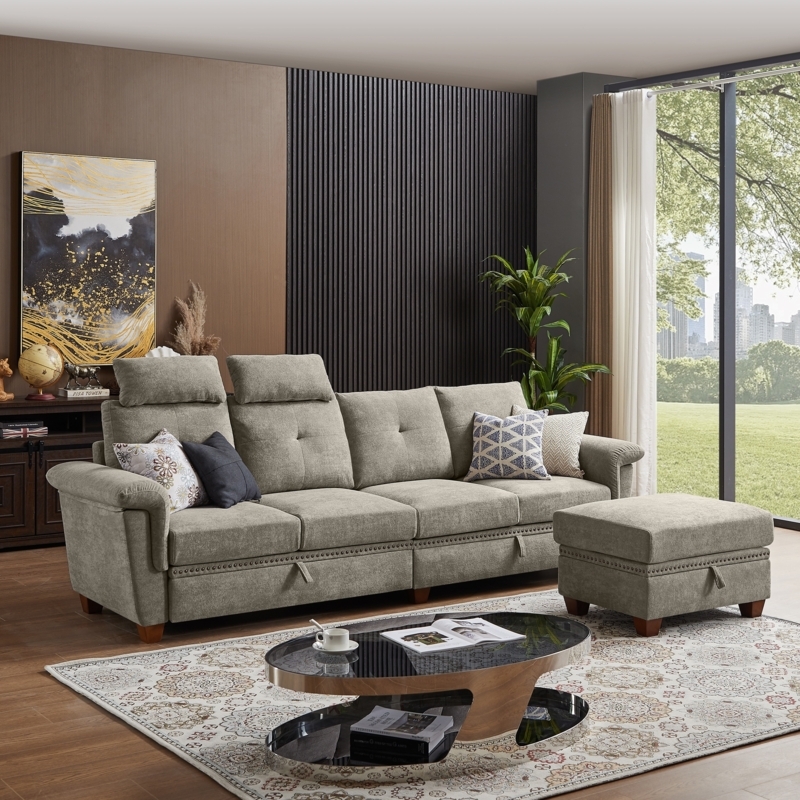 White Boucle Sectional Sofa Featuring Integrated Wood Side Table