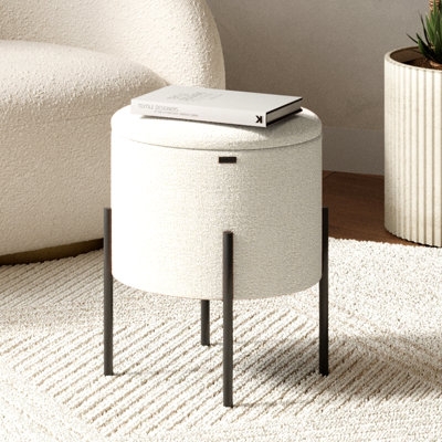 White Boucle Storage Ottoman with Metallic Gold Base (60 chars)