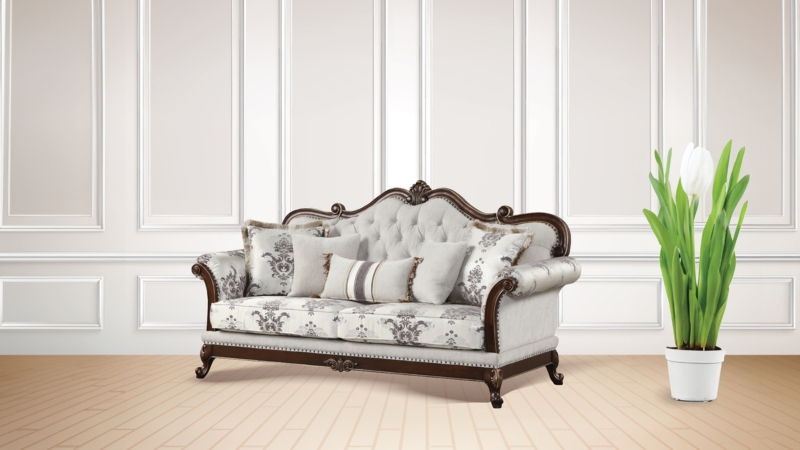 White Button Tufted Sofa Silver Leg Caps Rolled Arms