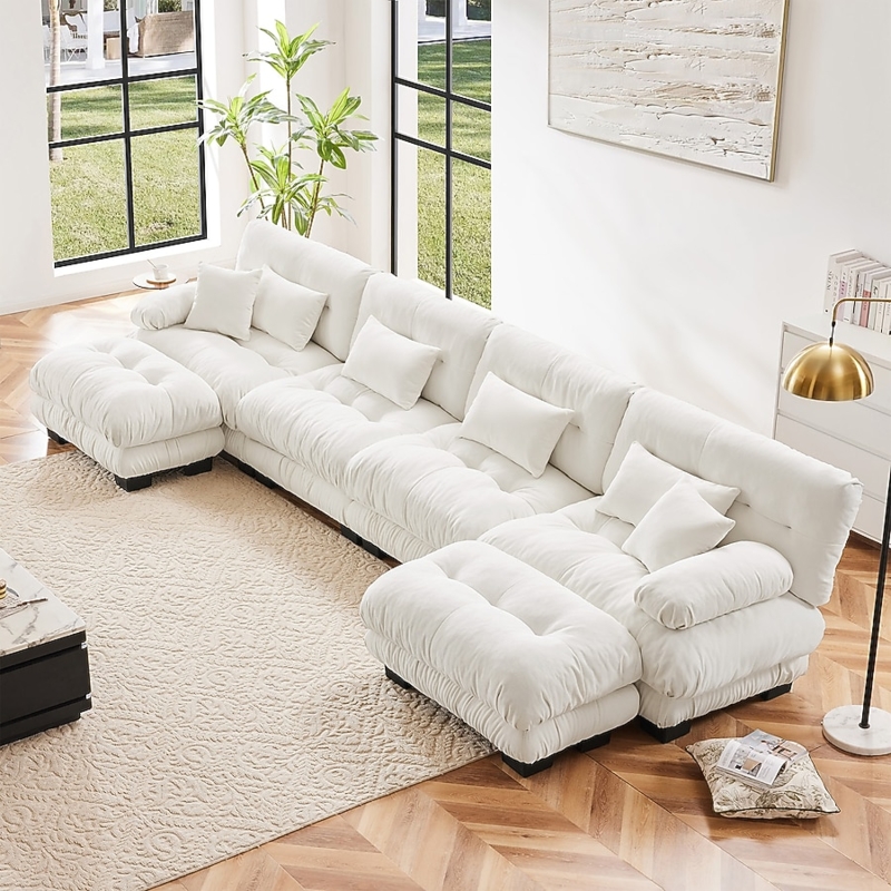 White Chenille Sectional Sofa, Integrated Cup Holders