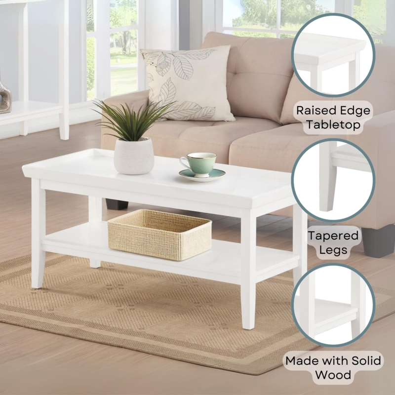 White Coffee Table featuring Slatted Sides and Open Shelf, Transitional Style