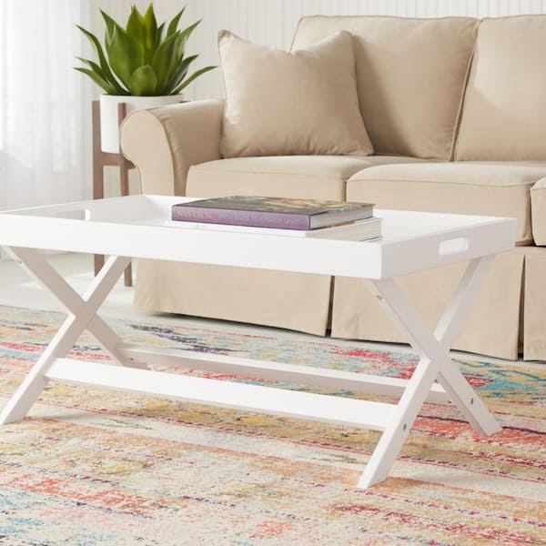 White Coffee Table Rectangular Tray Top Lower Shelf Transitional Style
