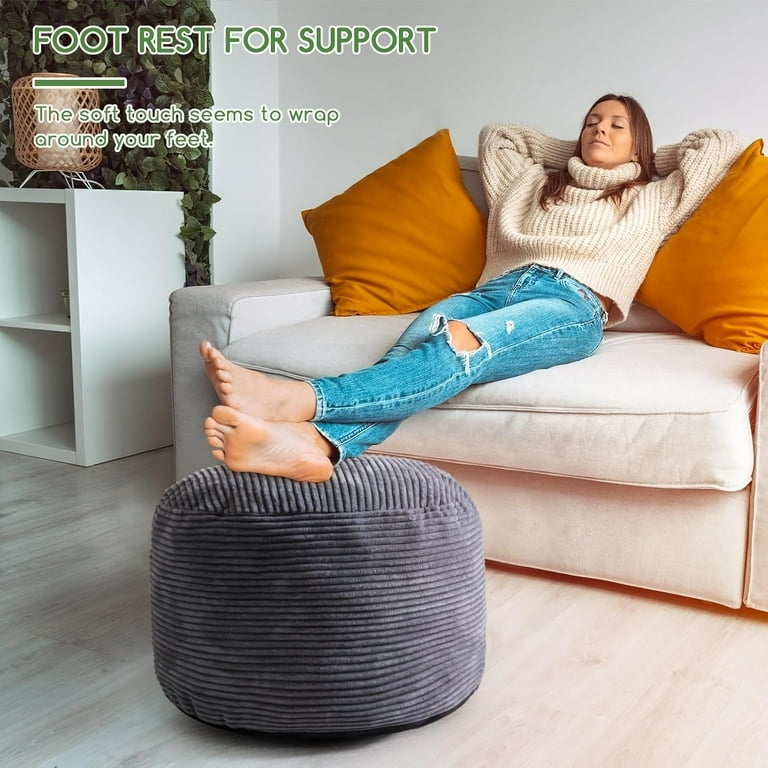 White Corduroy Round Pouf with Side Handle, Portable Footstool