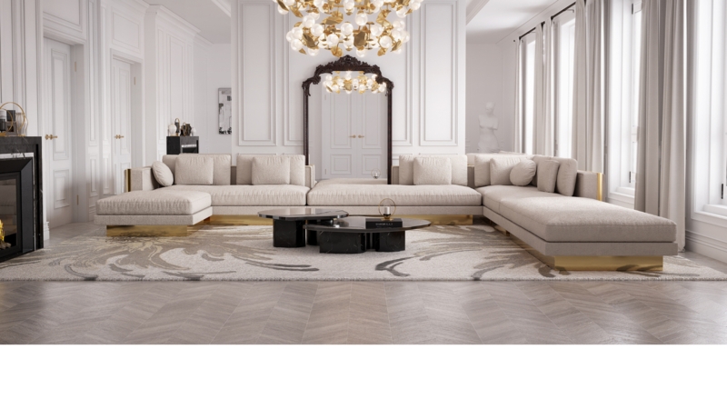 White Curved Sofa in Luxury Neoclassical Interior Design with Boiserie