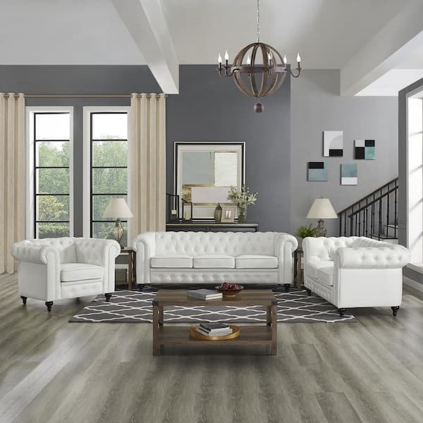 White Faux Leather Chesterfield Set Nailhead Trim Tufted Traditional
