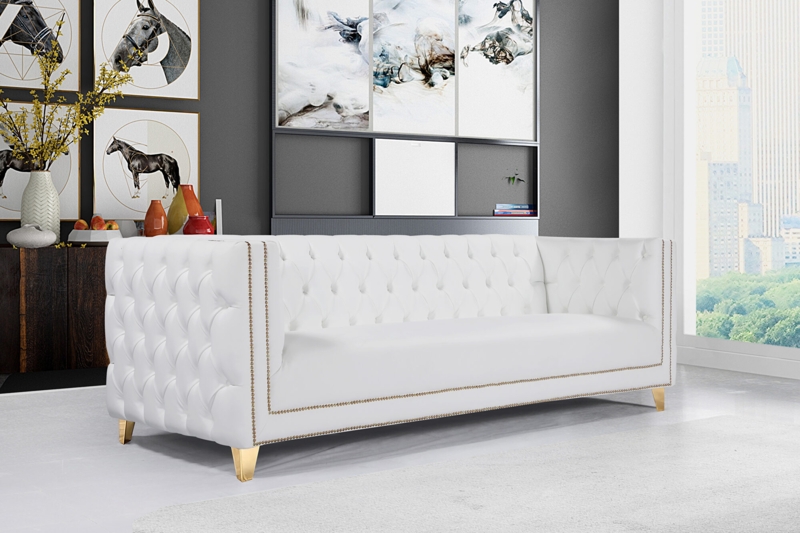 White Faux Leather Tuxedo Sofa with Gold Legs and Tufting
