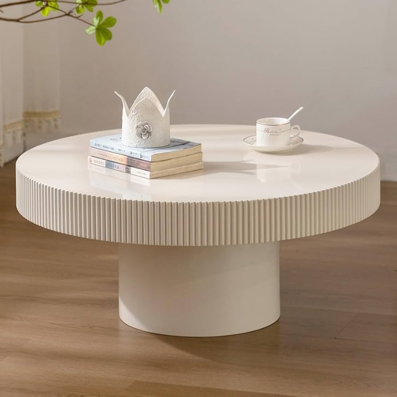 White Fluted Drum Coffee Table with Low Profile