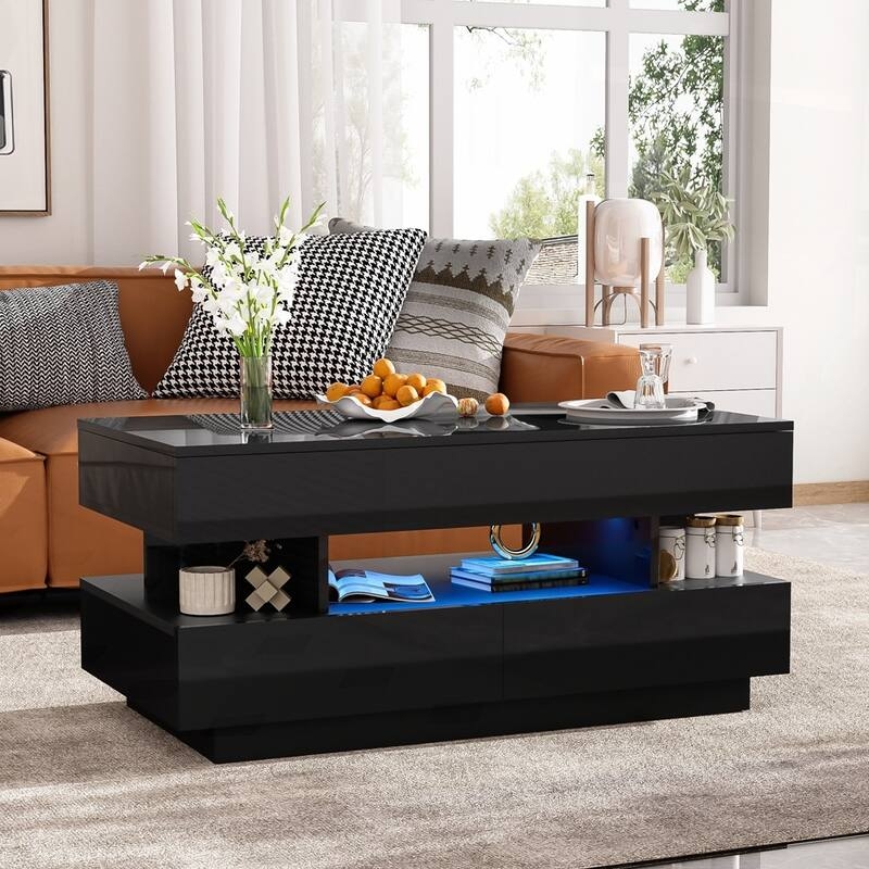 White High-Gloss Lift-Top Coffee Table featuring Side Cubby and Sled Base