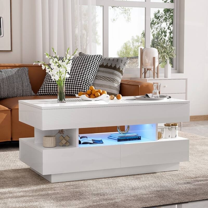 White High-Gloss Lift-Top Coffee Table on Metal Sled Base with Storage