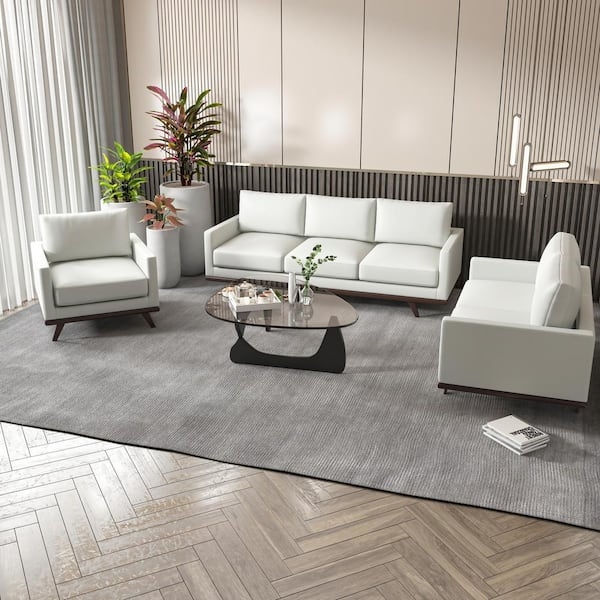 White Leather-Like Living Room Set Button Tufting Wood Base
