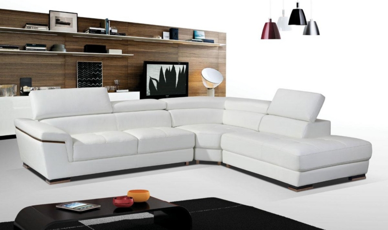 White Leather-Like Sectional L-Shaped Adjustable Headrest Low Profile