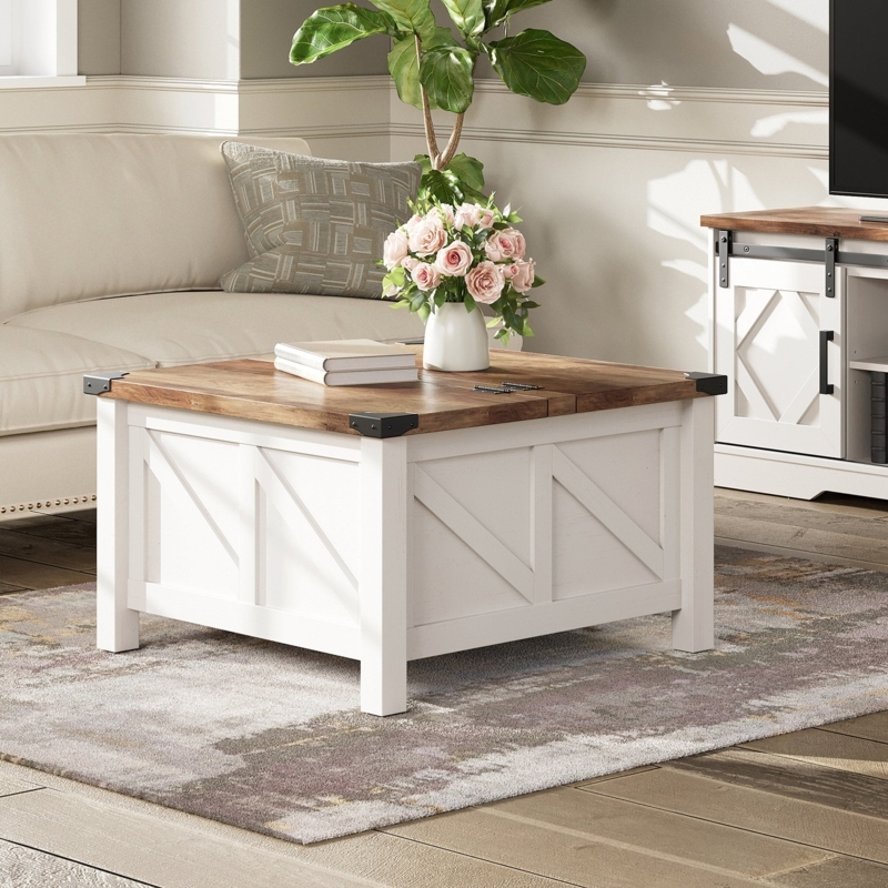 White Lift Top Coffee Table Square Hidden Storage Matte Finish