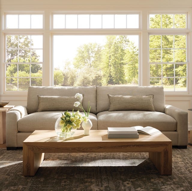 White Modular Sectional Sofa, Arched Fireplace, Bright Living Room