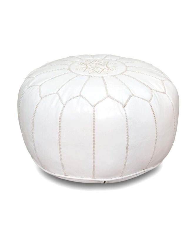 White Moroccan Pouf Leather Look Round Embroidered Bohemian Seating