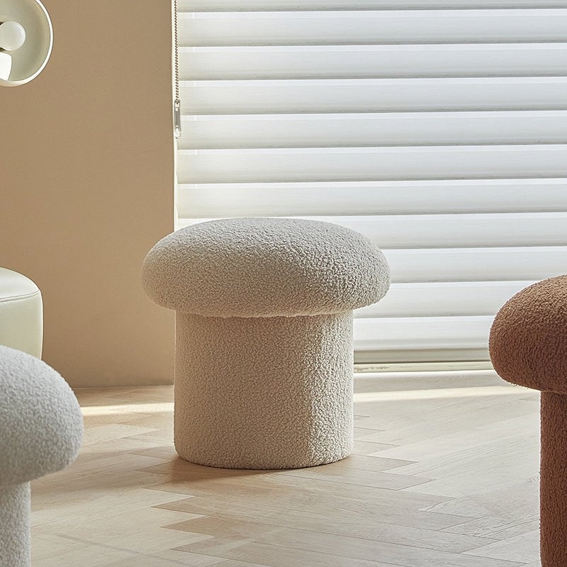 White Mushroom Pouf Boucle Fabric Organic Modern Ottoman Accent Stool
