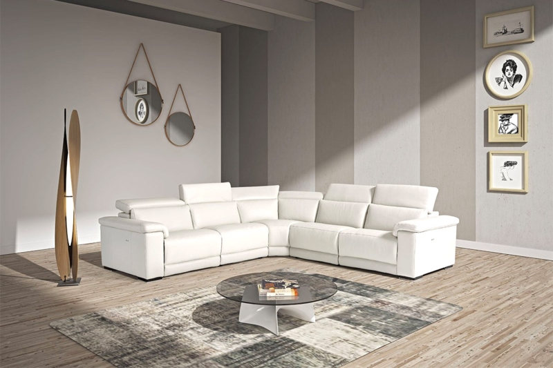 White Reclining Sectional Sofa Chaise Adjustable Headrests Leather-Like