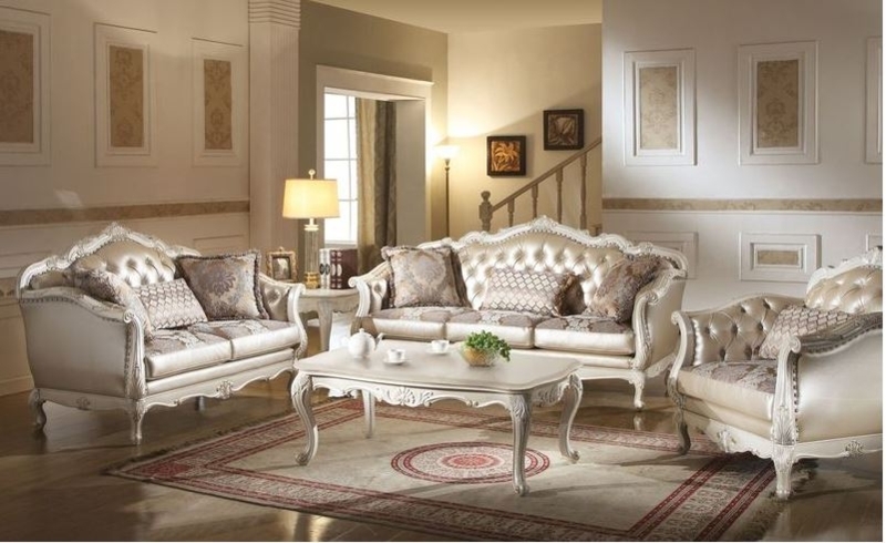 White Satin-Like Living Room Set Intricate Gold Carved Frame Rococo