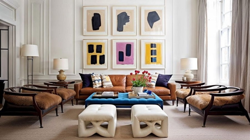 White Sectional Sofa With Blue Distressed Rug and Eclectic Seating