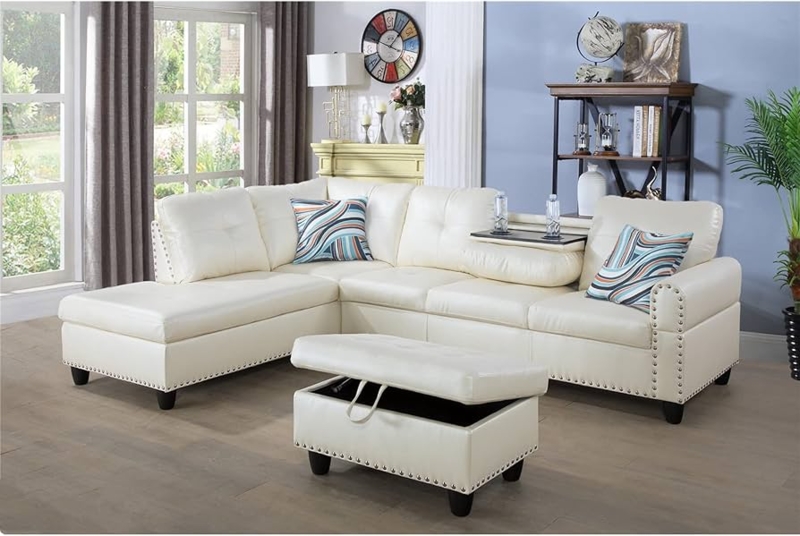 White Sectional Sofa with Cup Holders, Small Tufted Chaise Layout