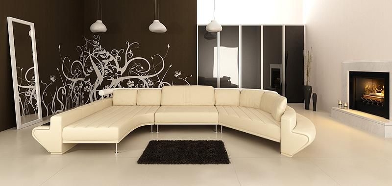 White Sectional Sofa with Curved Chaise and Integrated Shelving