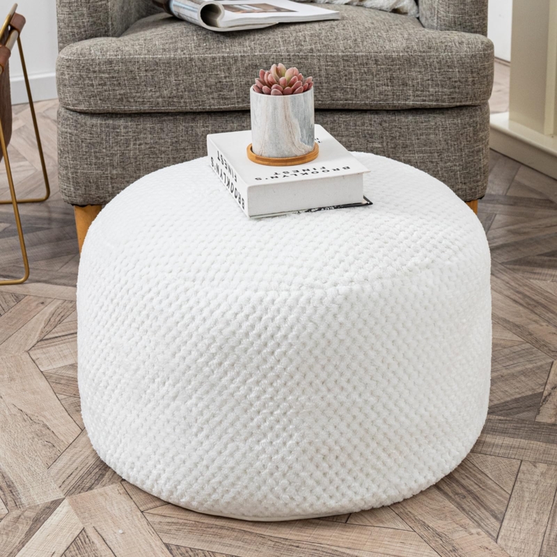 White Shaggy Pouf Ottoman Square Fuzzy Texture Footstool Accent Decor