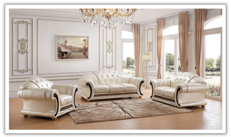 White Tufted Leather Living Room Set, Metal Base