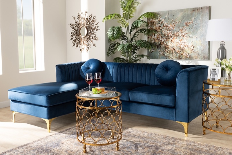 White Tufted Sectional Sofa with Polished Silver Legs in Faux Leather