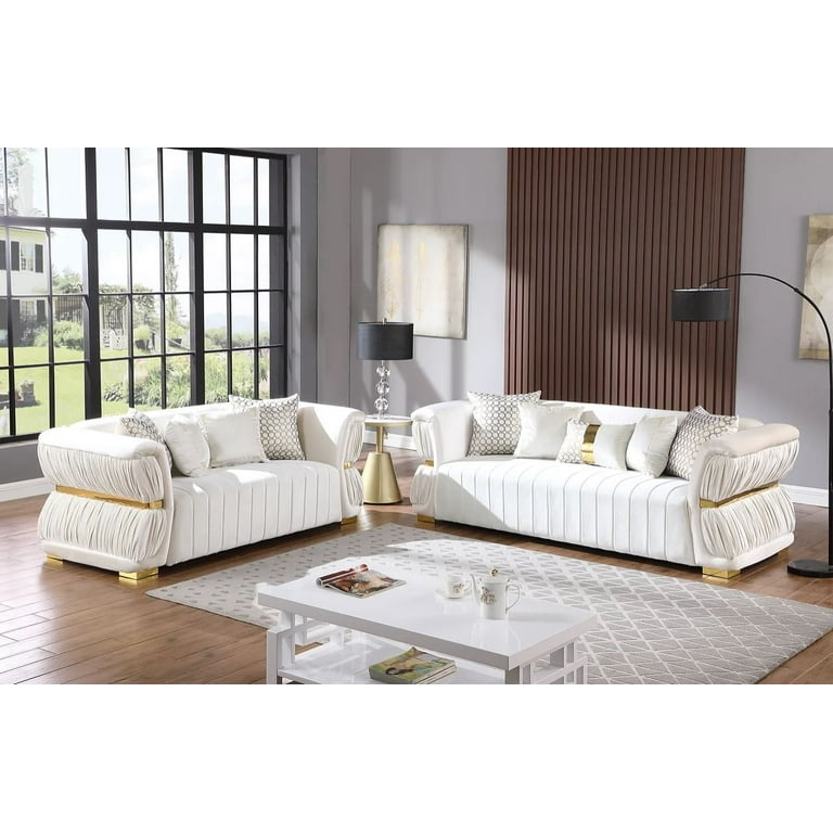 White Velvet 2-Piece Set with Channel Tufting and Gold Sled Base