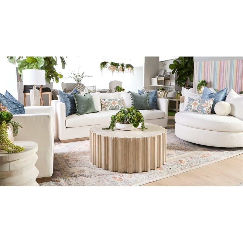 Whitewashed Round Coffee Table with Solid Plinth Base, Coastal Style