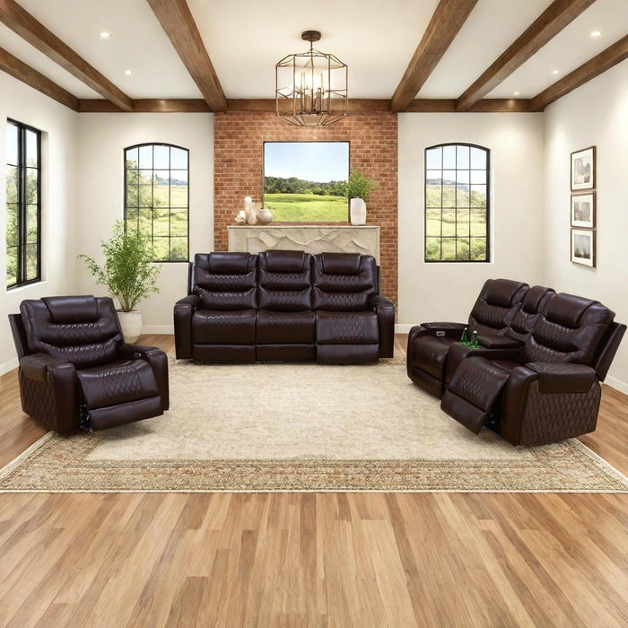 Wine Red Leather-Like Power Reclining Set with Ambient LED Lighting.