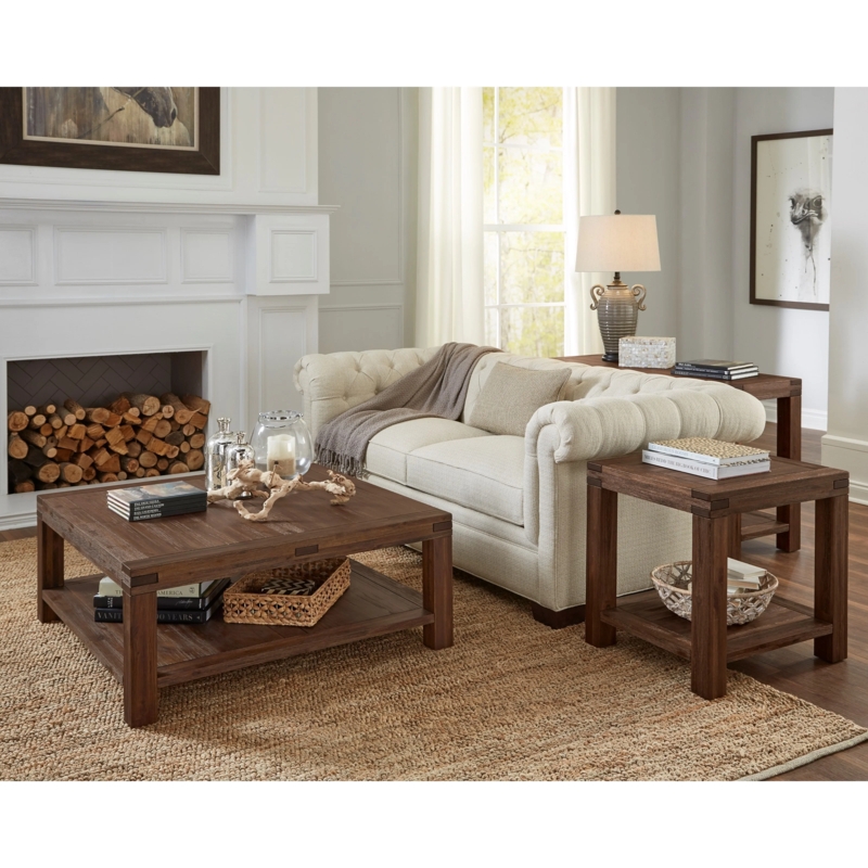 Wood Planked Coffee Table styling. Square Weathered Finish, Block Base.
