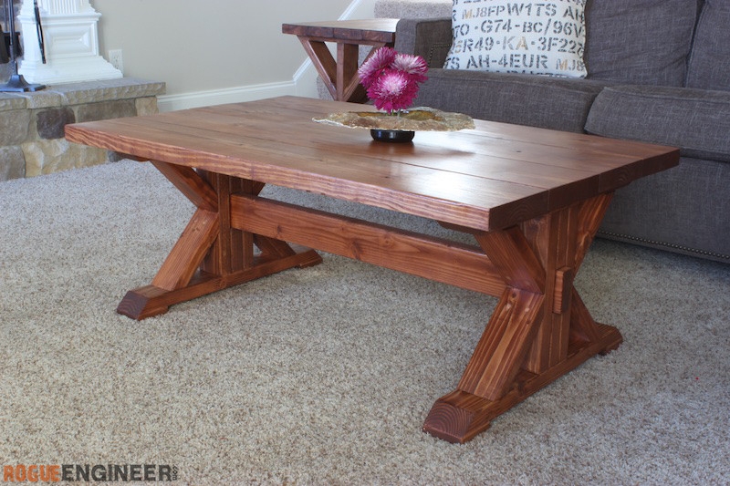 Wood X-Frame Trestle Coffee Table with Center Support Beam Design