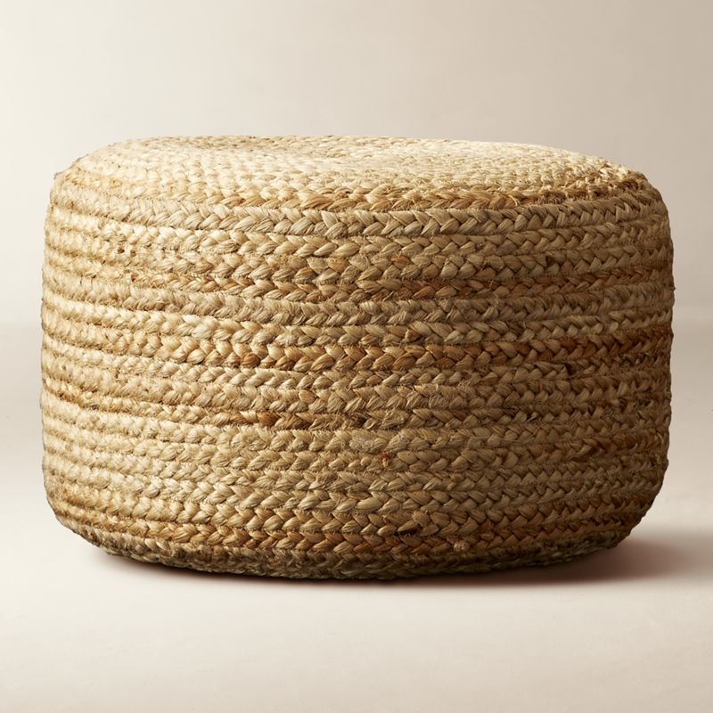 Woven Jute Pouf, Circular Low Profile, Organic Modern Living Room Seating