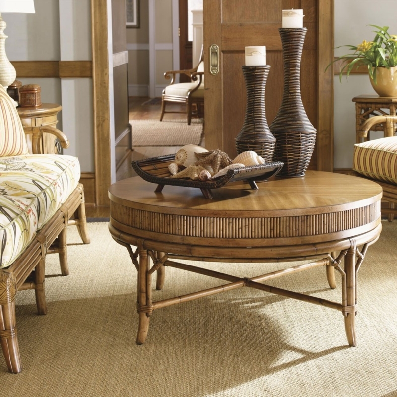 Woven Rattan Drum Table Round Tapered Base Coastal Chic