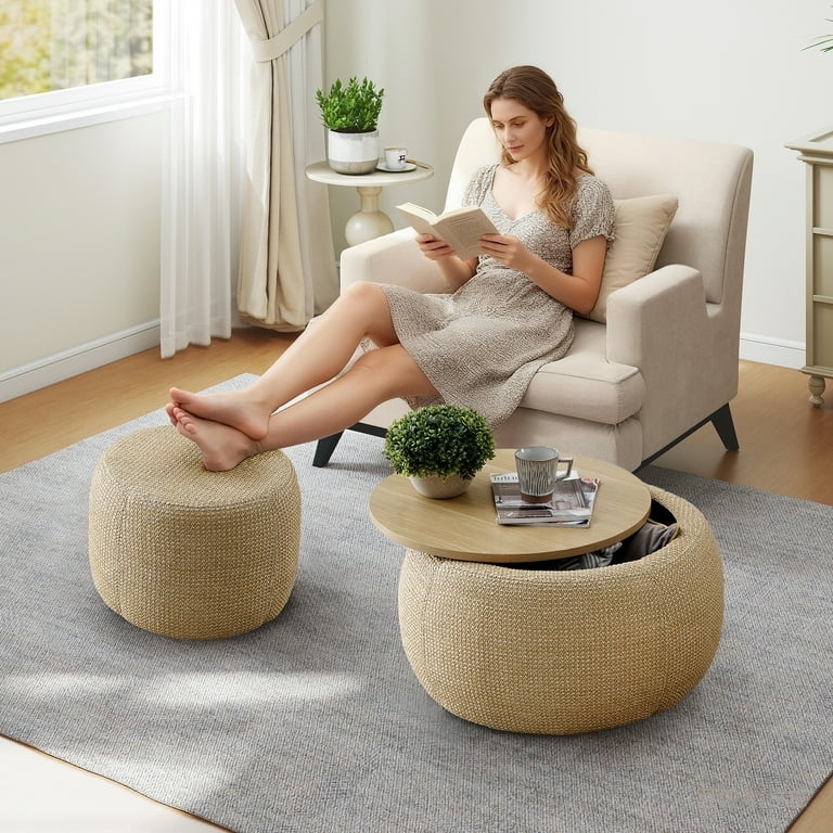 Woven Rattan Storage Ottoman Set with Removable Lids and Wood Feet