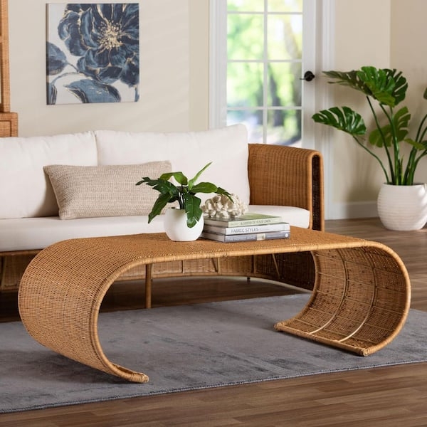 Woven Rattan Waterfall Coffee Table in Rectangular Silhouette
