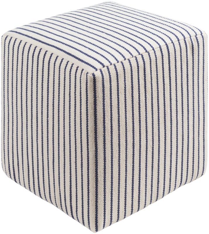 Woven Striped Round Pouf Ottoman, Navy and Cream Contemporary