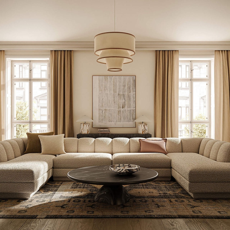 Woven U-Shaped Sectional Sofa with Block Arms and Low Profile