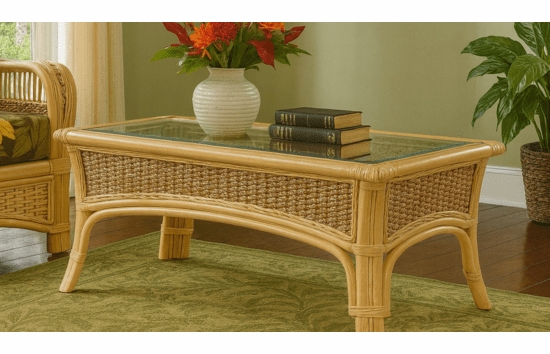 Woven Wicker Coffee Table Rectangular Honey Oak Finish Block Legs