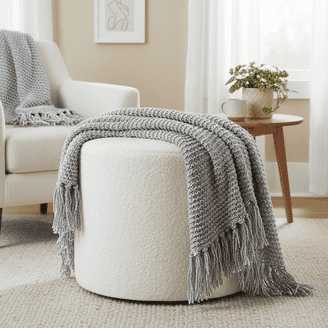 Wovenbyrd Glam Boucle Cream Wool Circle Pouf Ottoman, Foam Core - 