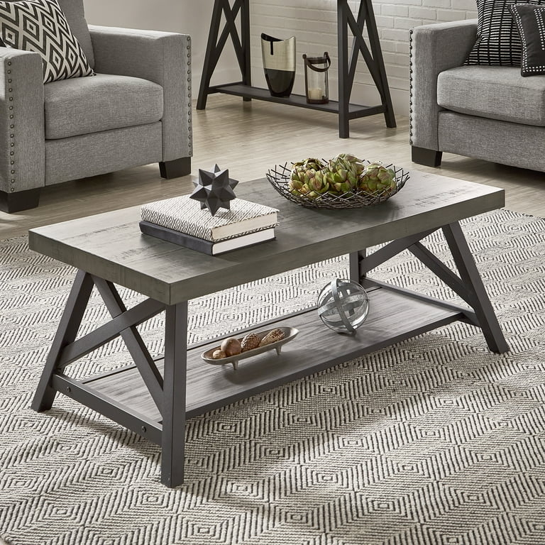 X-Base Industrial Coffee Table in Distressed Gray Wood Finish
