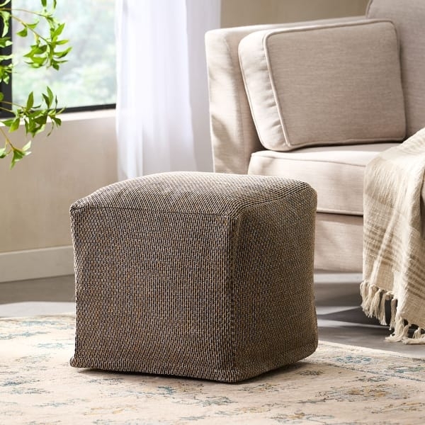 Yellow and Brown Botanical Floral Print Pouf with Piped Edges