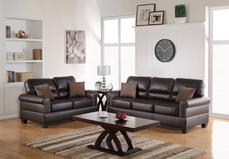 2-Piece Living Room Set in Espresso with Nailhead Trim & Rolled Arms