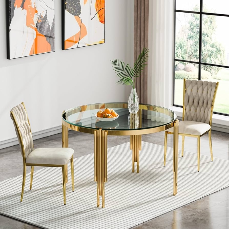 3-Piece Dining Set, Round Glass Table with Gold Legs